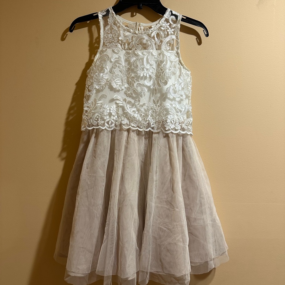 Rare Editions White Lace and Tan Tulle Kids Dress